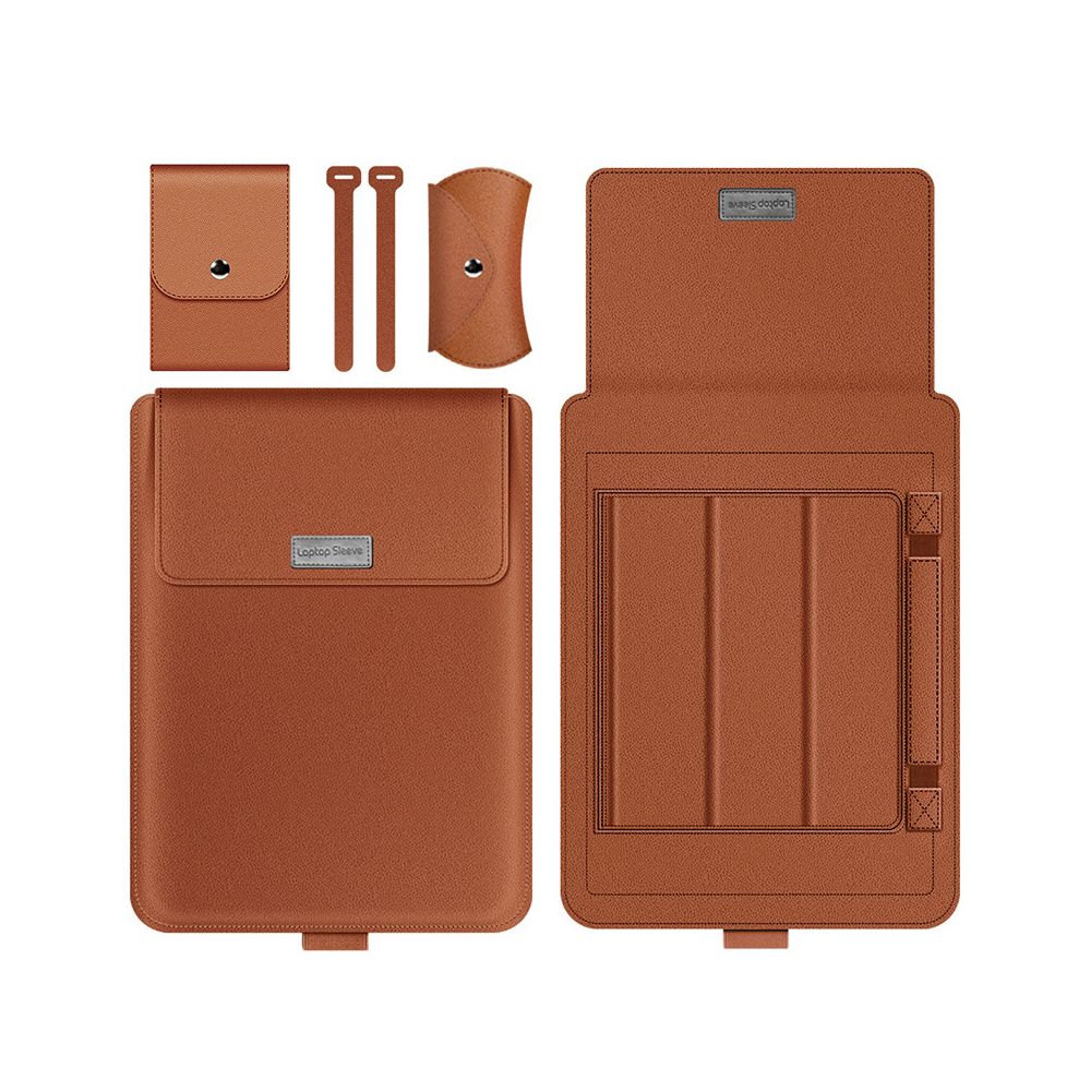 Laptop Sleeve with Stand in Tan, complete kit with mouse pouch, cable straps, and adapter pouch