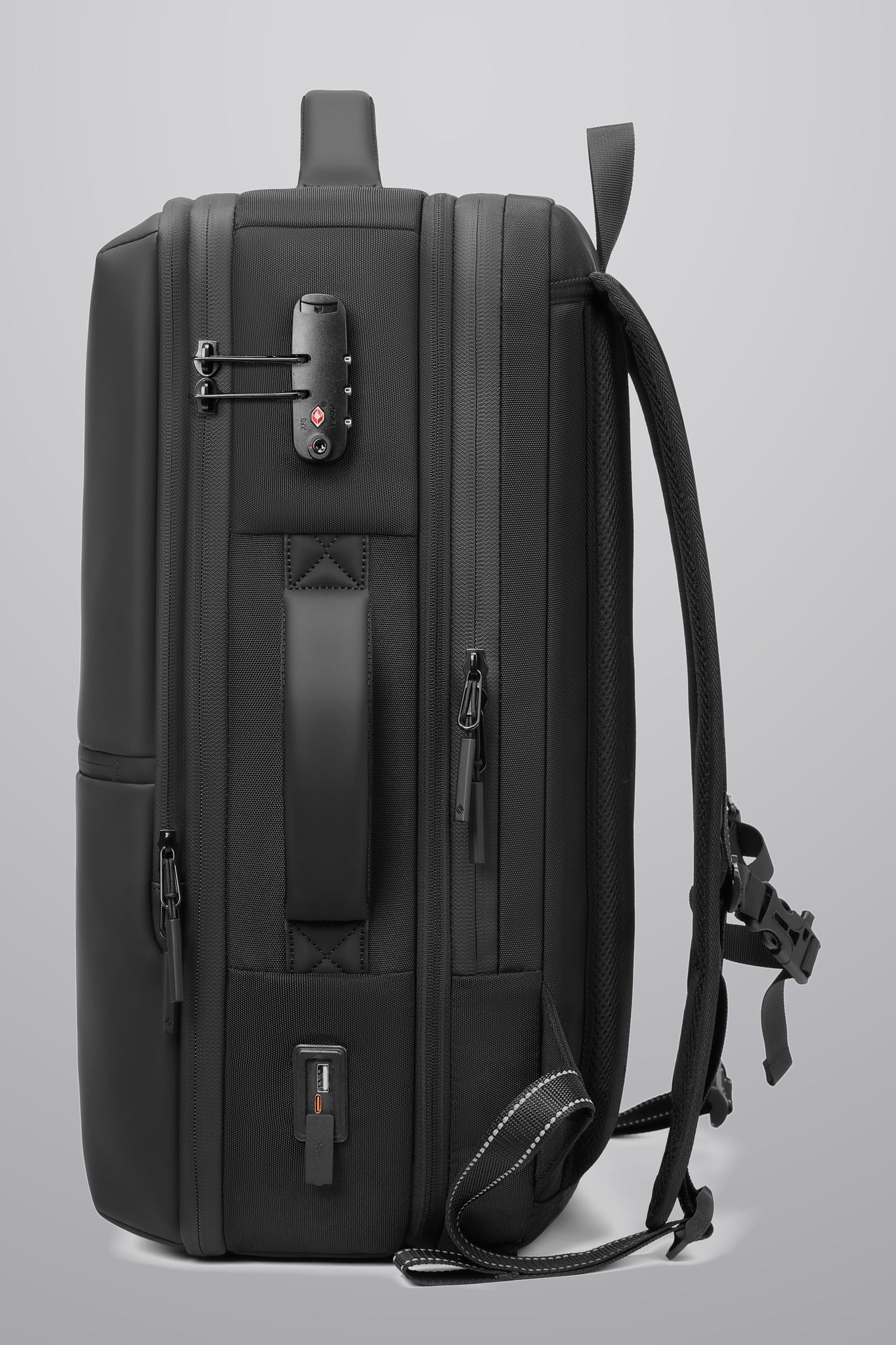 Odyssey Expandable Travel Backpack 32-40L, expansion zip with built-in TSA lock and USB charging port